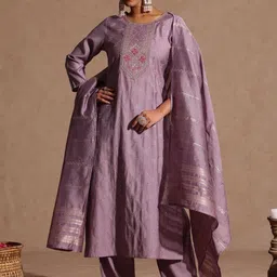 Janasya Women Floral Embroidered Regular Sequinned Kurta with Trousers & With Dupatta-image-58