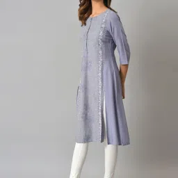 W Purple Floral Print Straight Kurta image 3