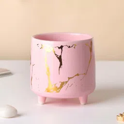 Nestasia pink marble finish with halcyon gold splash ceramic planter with legs small for Home decor image 1