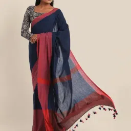 Suta Blue & Red Cotton Saree Without Blouse-picture-12