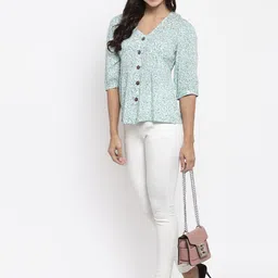 Gipsy Women Sea Green & White Printed Shirt Style Top image 5