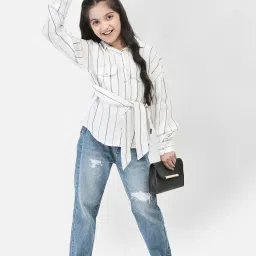 Crimsoune Club Kids White Striped Full Sleeves Shirt Dress with Belt image 5