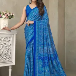 Satrani Blue Printed Saree With Unstitched Blouse-picture-15