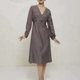 Artagai Granite Grey Kashida Pleated Fit And Flare Dress With Mukesh Work image 5