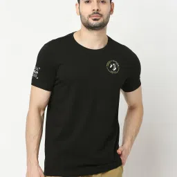 UnderJeans by Spykar Black Regular Fit Logo Print Cotton Crew T-Shirt image 1