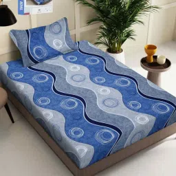 Klotthe Blue 300 TC Polycotton Single Book Fold Bedsheet with Pillow Cover image 1