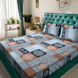 Klotthe Sky Blue & Brown 300 TC Polycotton Double Book Fold Bedsheet with 2 Pillow Covers image 1