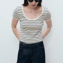 MANGO Scoop Neck Striped Pure Cotton T-shirt-picture-32