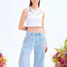 Cover Story White Cotton Printed Crop Top image 1
