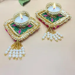 THE HOME CO. Gold-Toned & Green Set of 2 Candle Holder image 2