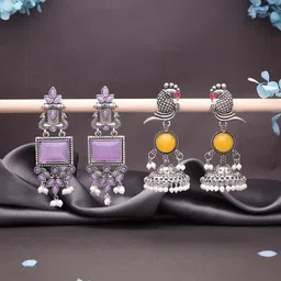 Sangria Set Of 2 Silver-Plated Stones Studded & Beaded Peacock Shaped Drop Earrings-image-68
