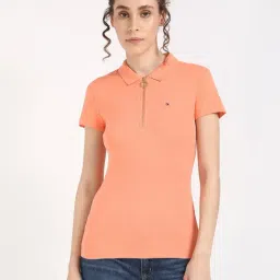 TOMMY HILFIGER Peach Cotton Solid Short Sleeve Polo T-Shirt-picture-21