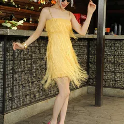 Campus Sutra Women's Yellow Shoulder Straps A-Line FringeDress-picture-39