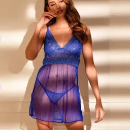 Clovia Blue Lace Babydoll With Thong-image-85