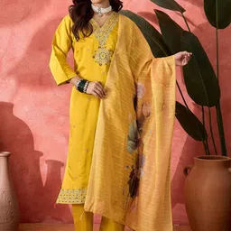 Sangria Women Floral Embroidered Straight Kurta with Trousers & Dupatta image 2