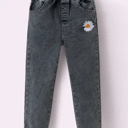 Kookie Kids Full Length Denim Jeans with Floral Embroidery - Grey-picture-12