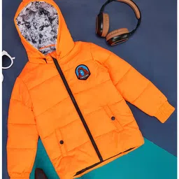 Pantaloons Junior Full Sleeves Placement Arches Text Printed Hooded Jacket - Orange-picture-16