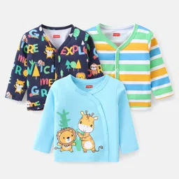 Babyhug 100% Cotton Full Sleeves Front Open Vests With Stripes & Animal Print Pack of 3 - Blue & Yellow-image-96