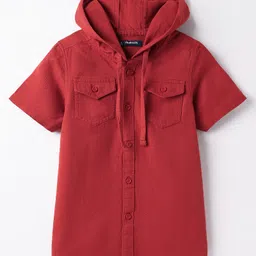 Pine Kids Cotton Woven Half Sleeves Solid Hooded Shirt - Wine-picture-41