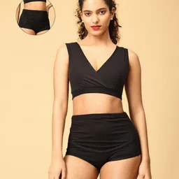 The Mom Store Cotton Sleeveless Solid Nursing Sleeping Maternity Bra & Overbelly Support Panties - Black-picture-28
