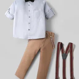 Rikidoos Full Sleeves Solid Shirt Pant With Bow & Suspender Set - Light Blue & Brown-picture-24