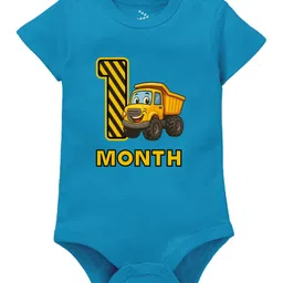 Zeezeezoo 100% Cotton Knit Monthly Birthday Construction Theme Half Sleeves 1 Month Text Printed Onesie - Blue-picture-12