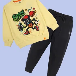 Kiddopanti Fleece Knit Full Sleeves Space Theme & Graphiti Art Printed Light Winter Sweatshirt With Track Pants Set - Royal Blue & Black-image-54