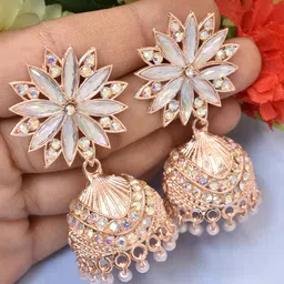 MEIRA JEWELLERY Silver Plated Artificial Stones Studded & Beaded Dome Shaped Jhumkas-picture-38
