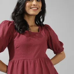 Fabindia Maroon Cotton Self Pattern A-Line Dress image 5