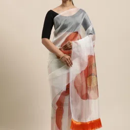 Blissta Off-White Floral Print Saree With Unstitched Blouse image 1