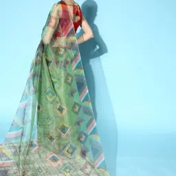 Blissta Olive Green Geometric Print Saree With Unstitched Blouse image 2