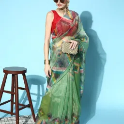 Blissta Olive Green Geometric Print Saree With Unstitched Blouse image 3