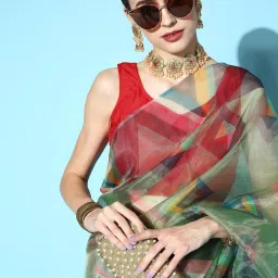 Blissta Olive Green Geometric Print Saree With Unstitched Blouse image 4