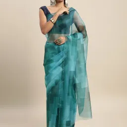 Blissta Turquoise Geometric Print Saree With Unstitched Blouse image 1
