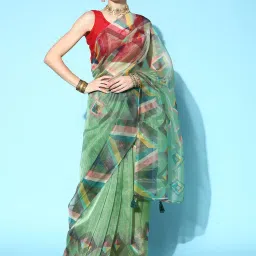 Blissta Olive Green Geometric Print Saree With Unstitched Blouse image 1