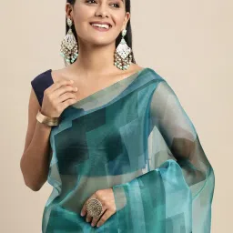 Blissta Turquoise Geometric Print Saree With Unstitched Blouse image 3