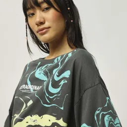 Bewakoof Women's Grey Neeru Graphic Printed Oversized Short Top image 5