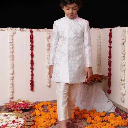 VASTRAMAY Boys White Self Full Sleeves Indowestern Sets image 1