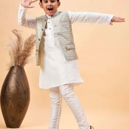 VASTRAMAY Boys White & Beige Self Full Sleeves Kurta Sets image 1