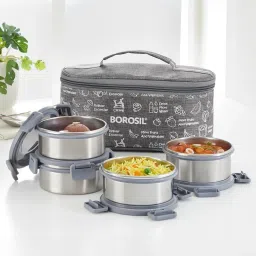 Borosil Stainless Steel Grey Lunch Boxes with Bag & Microwave Oven Safe ( Set of 4 ) image 1
