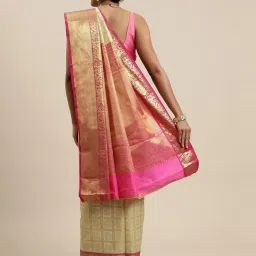 Blissta Cream Silk Chequered Kanjeevaram Saree With Unstitched Blouse image 2