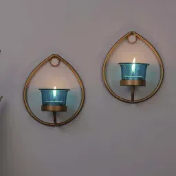 Homesake 'Halloween' Turquoise & Golden Metal Wall Candle Holder With Tea Light Candle - Set of 2-image-44