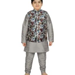 SG Yuvraj Kids White & Grey Floral Print Full Sleeves Kurta Set-picture-39
