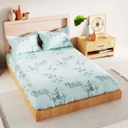 Bianca Tokyo Bay Floral Sky Blue 192 TC Fabric King Bedsheet with 2 Pillow Covers-picture-30