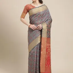 Blissta Grey Woven Patola Saree With Unstitched Blouse image 1