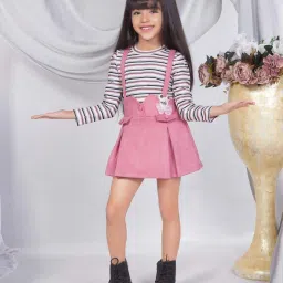 Peppermint Girls Pink & White Solid Full Sleeves Dungaree Set image 1