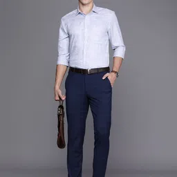 Louis Philippe Permapress Men Blue Micro Ditsy Print Classic Pure Cotton Wrinkle Free Formal Shirt image 2