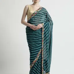 Jaipur Kurti Teal Blue Embroidered Saree With Unstitched Blouse image 1