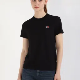 TOMMY HILFIGER Black Cotton Solid Short Sleeve T-Shirt-picture-33