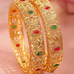 Rubans Set Of 2 Gold-Tone Plated Red & Green Bangles for Women image 1